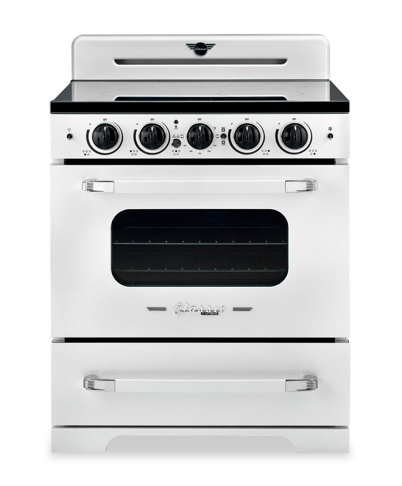 Classic Retro by Unique 30" 3.9 Cu. Ft. Induction Range - Marshmallow White - UNQ-30CR IC W  | Cuisinière à induction Classic Rétro par Unique de 30 po et de 3,9 pi3 - blanc guimauve - UNQ-30CR IC W  | UNQ30ICW