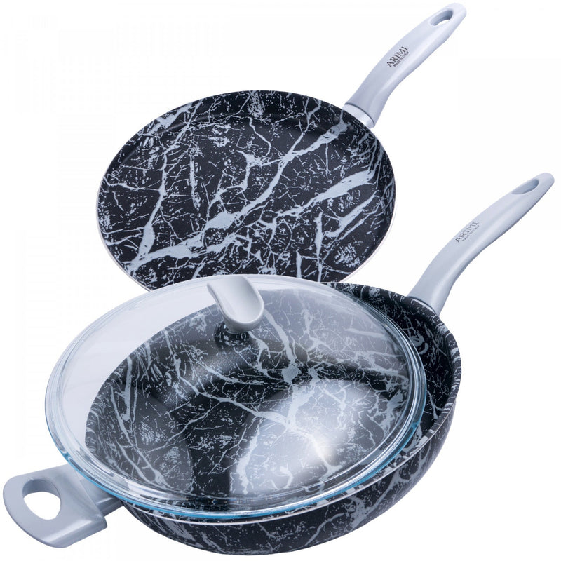 Arimi Italian Diamond Marble Set 3-piece - Saute Pan 11 Inch - Crepe Pan 9.8 Inch | Arimi Ensemble De Marbre Diamant Italien 3 Pieces – Sauteuse 11 Pouces – Crepiere 9,8 Pouces