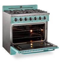 Classic Retro by Unique 36" 5.2 Cu. Ft. 6-Burner Gas Range with Convection - Ocean Mist Turquoise - UGP-36CR T | Cuisinière à gaz Classic Rétro par Unique de 36 po et de 5,2 pi3 à 6 brûleurs avec convection - turquoise brume marine - UGP-36CR T | UGP36CRT