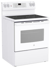 GE 5 Cu. Ft. Electric Range with No-Preheat Air Fry and 4 Burners - White - JCB830DVWW | Cuisinière électrique GE de 5 pi³ avec friture à air sans préchauffage et 4 brûleurs - blanche - JCB830DVWW | JCB830VW