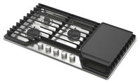 Whirlpool 36" Gas Cooktop with 2-in-1 Hinged Grate to Griddle - WCGK7536PS | Surface de cuisson à gaz Whirlpool de 36 po avec grille à charnières 2 en 1 qui se convertit en plaque chauffante - WCGK7536PS | WCGK756S