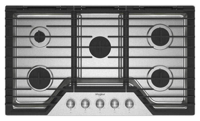 Whirlpool 36" Gas Cooktop with Fifth Burner and EZ-2-Lift™ Hinged Cast-Iron Grates - WCGK7036PS | Surface de cuisson à gaz Whirlpool de 36 po avec 5e brûleur et grilles en fonte à charnières EZ-2-LiftMC - WCGK7036PS | WCGK736S