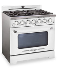 Classic Retro by Unique 36" 5.2 Cu. Ft. 6-Burner Gas Range with Convection - Marshmallow White - UGP-36CR W | Cuisinière à gaz Classic Rétro par Unique de 36 po et de 5,2 pi3 à 6 brûleurs avec convection - blanc guimauve - UGP-36CR W | UGP36CRW