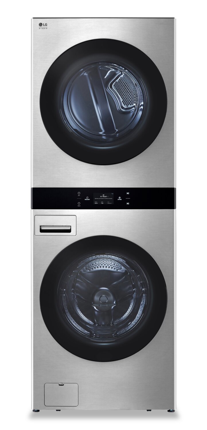 LG Studio 5.8 Washer/7.4 Dryer Cu. Ft. Front-Load High-Efficiency Steam Washtower™ - Nobel Steel - S… | Tour de lavage WashTowerMC à la vapeur haute efficacité LG Studio à chargement frontal avec laveuse …