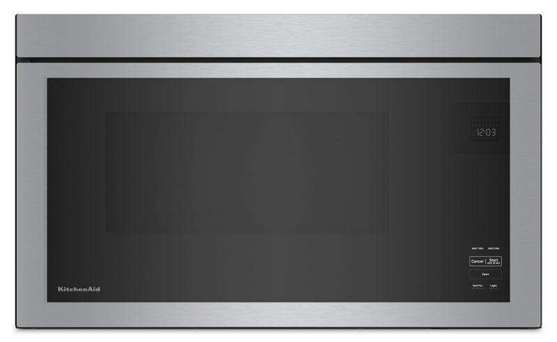 KitchenAid 1.1 Cu. Ft. Flush Over-the-Range Microwave with 900 Watts Cooking - PrintShield Stainless… | Four à micro-ondes à hotte intégrée KitchenAid de 1,1 pi³ à installation affleurée avec cuisson à 90…