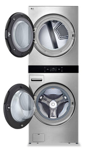 LG Studio 5.8 Washer/7.4 Dryer Cu. Ft. Front-Load High-Efficiency Steam Washtower™ - Nobel Steel - S… | Tour de lavage WashTowerMC à la vapeur haute efficacité LG Studio à chargement frontal avec laveuse …