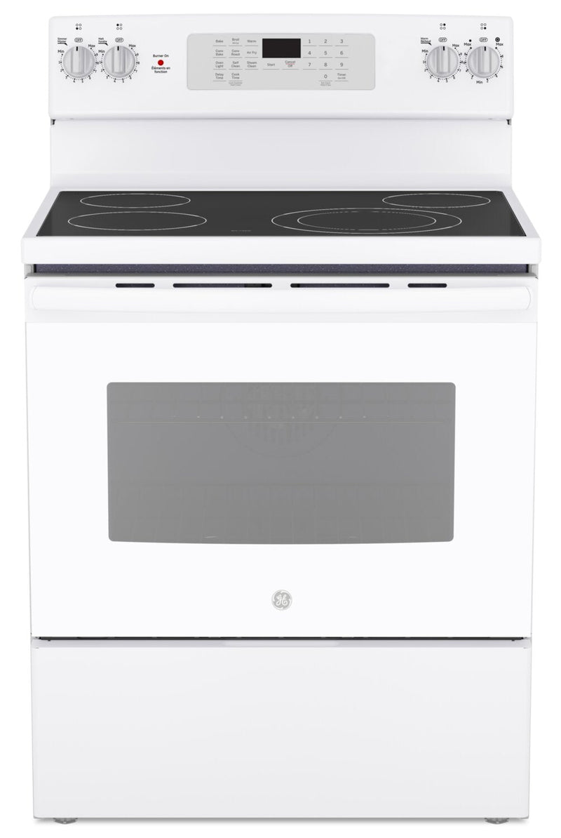 GE 5 Cu. Ft. Electric Range with No-Preheat Air Fry and 4 Burners - White - JCB830DVWW | Cuisinière électrique GE de 5 pi³ avec friture à air sans préchauffage et 4 brûleurs - blanche - JCB830DVWW | JCB830VW