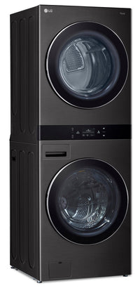 LG 5.8 Washer/7.4 Dryer Cu. Ft. Front-Load High-Efficiency Steam Washtower™ - Black Steel - WKEX300H… | Tour de lavage WashTowerMC à la vapeur haute efficacité LG à chargement frontal avec laveuse de 5,8 …